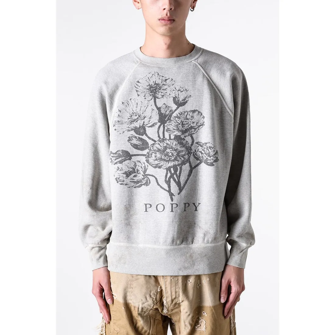 SAINT Mxxxxxx 'FLOWER' CREW NECK SWEAT SHIRTS Floral Distressed Retro Sweatshirt Distressed Gray S-XL Big Factory Four-needle Six-Thread Boneless Stitching Process/Original Horn Sleeve Version Top Printing Process Authentic Level Re-Engraving Garment Washing and Distressing/Hand-worn Graffiti Treatment Original Consistent Fruit Label/Little Angel Anti-Counterfeiting Label